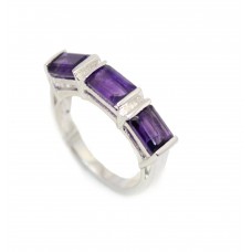 Women's 925 Sterling Silver Natural Purple Amethyst three gem stone Ring A 57